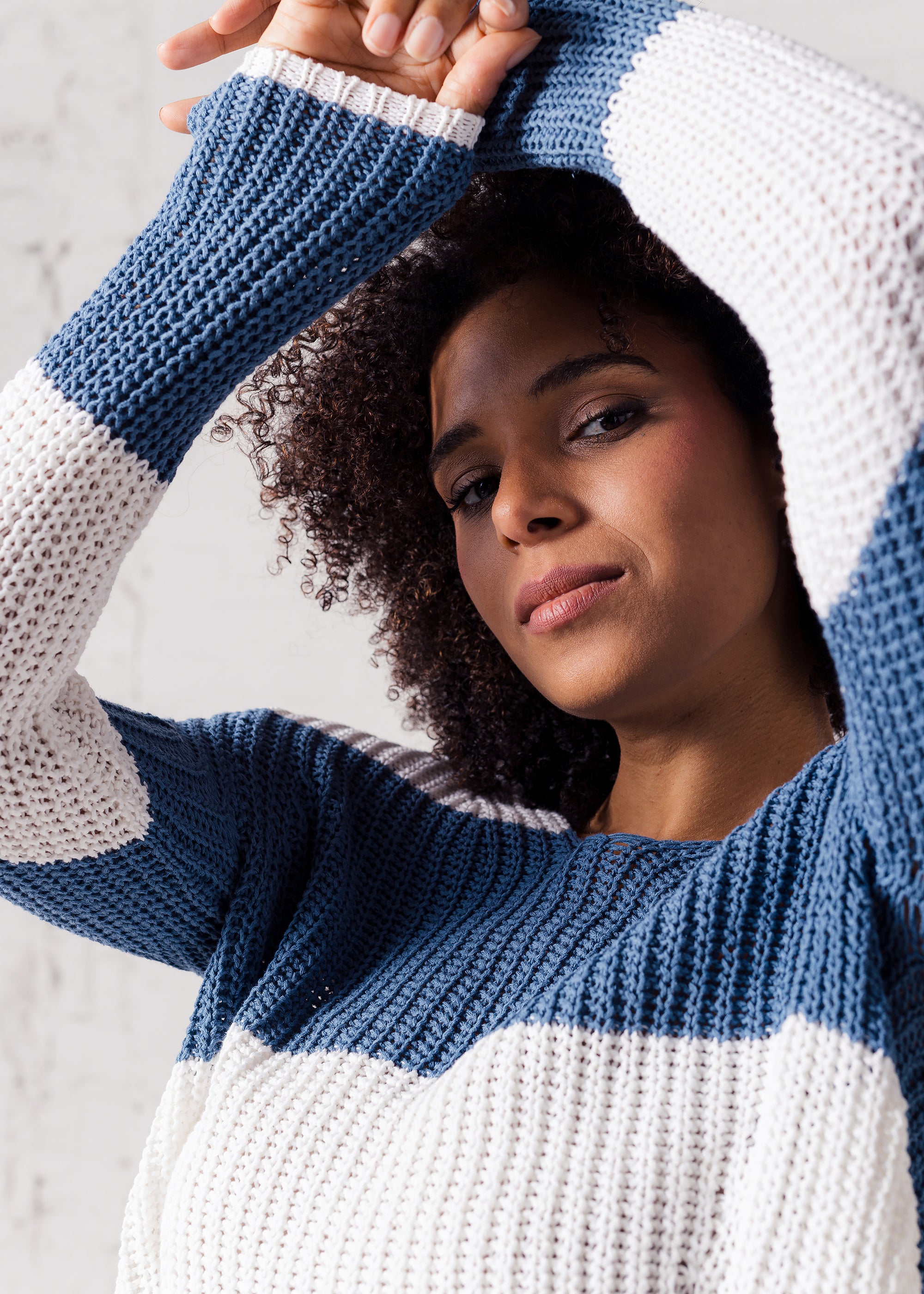 Blockstreifen-Pullover aus Baumwolle- Leinen- Mix
