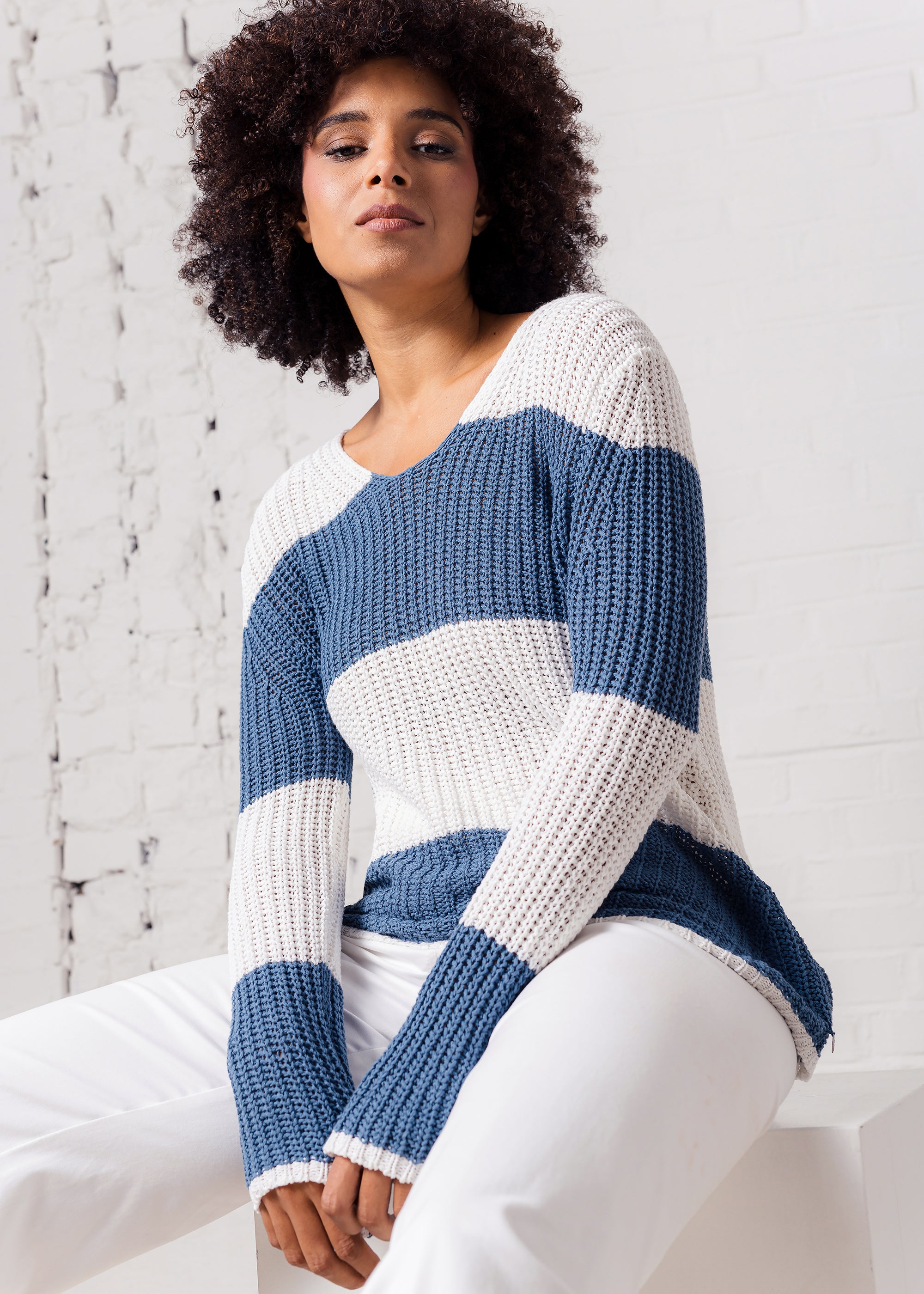 Blockstreifen-Pullover aus Baumwolle- Leinen- Mix