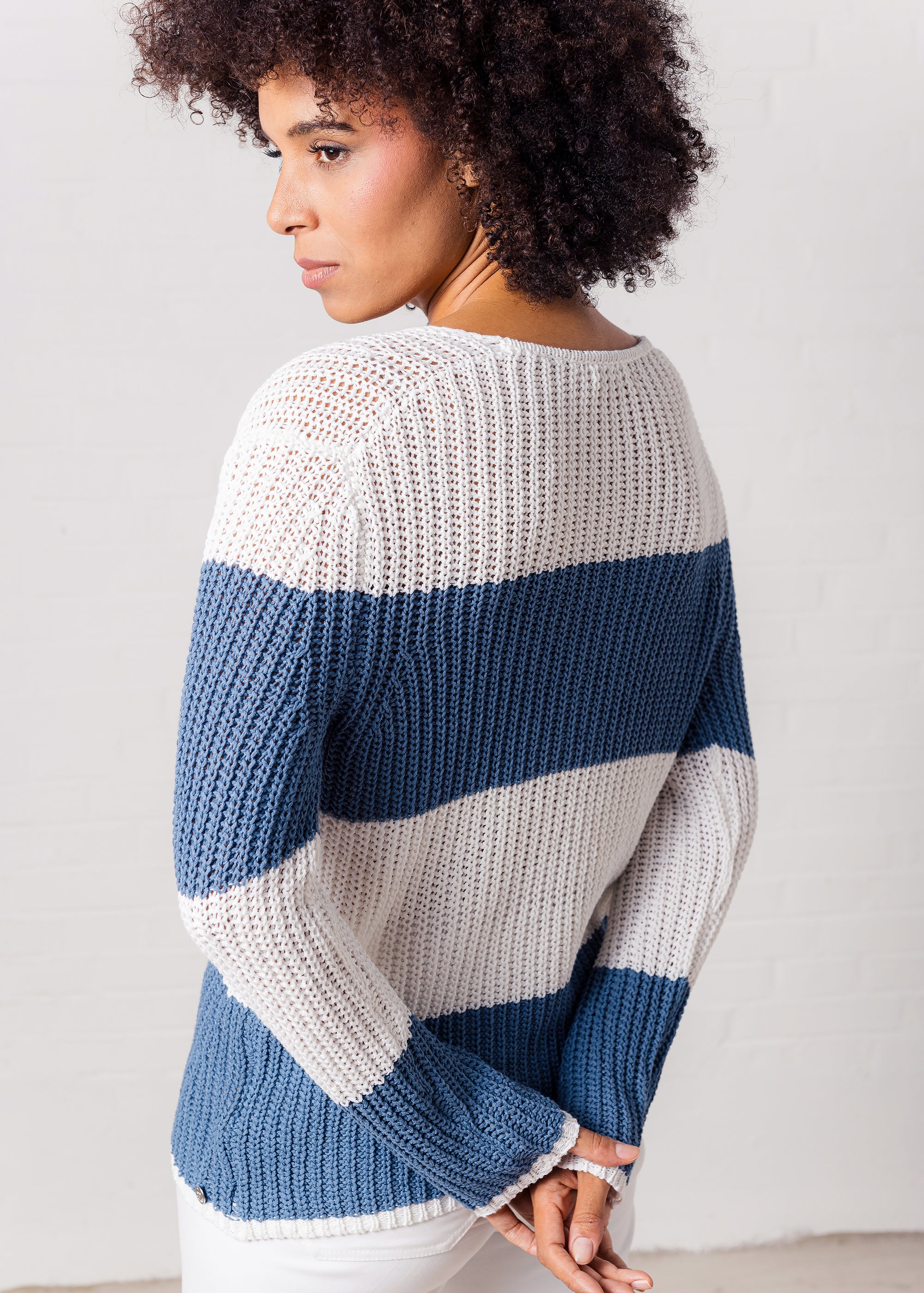 Blockstreifen-Pullover aus Baumwolle- Leinen- Mix