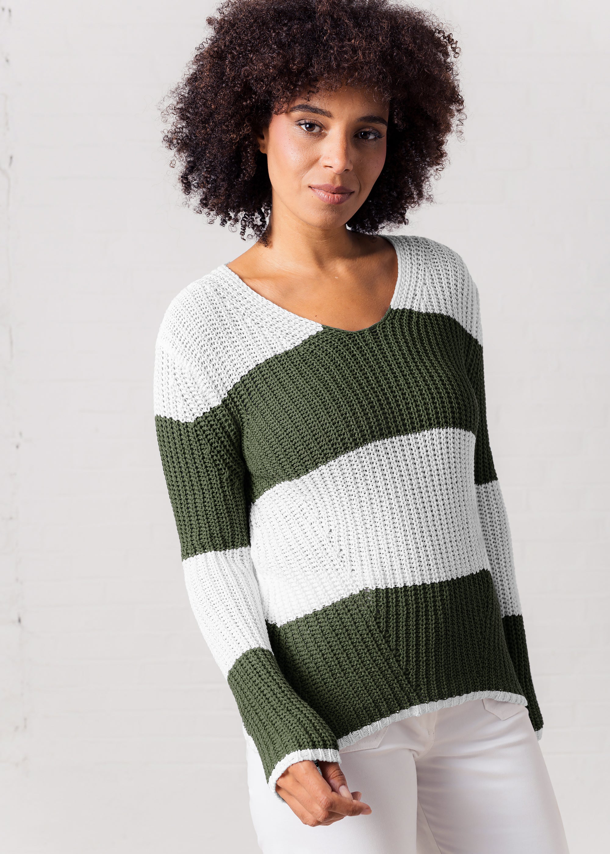 Blockstreifen-Pullover aus Baumwolle- Leinen- Mix