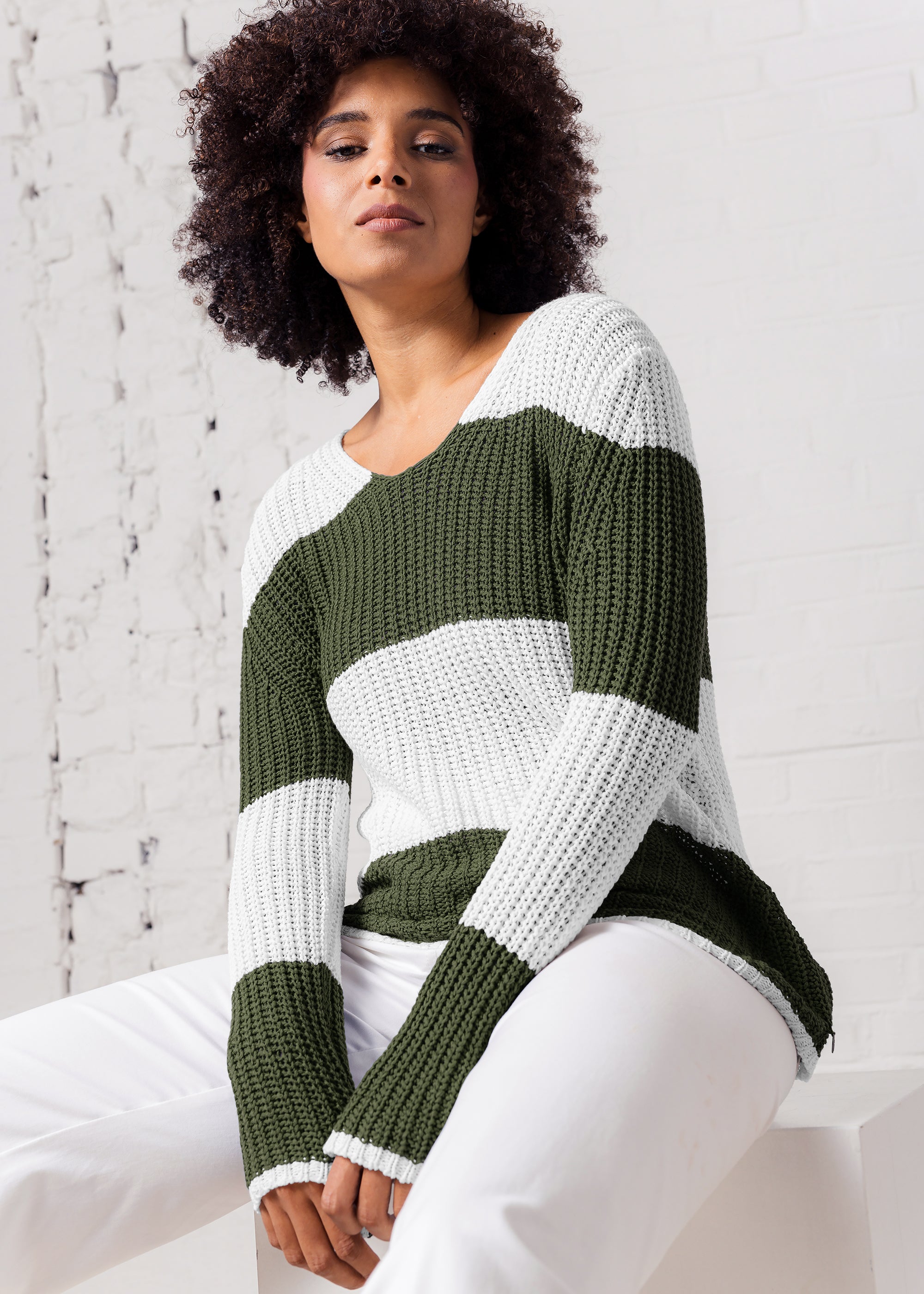 Blockstreifen-Pullover aus Baumwolle- Leinen- Mix