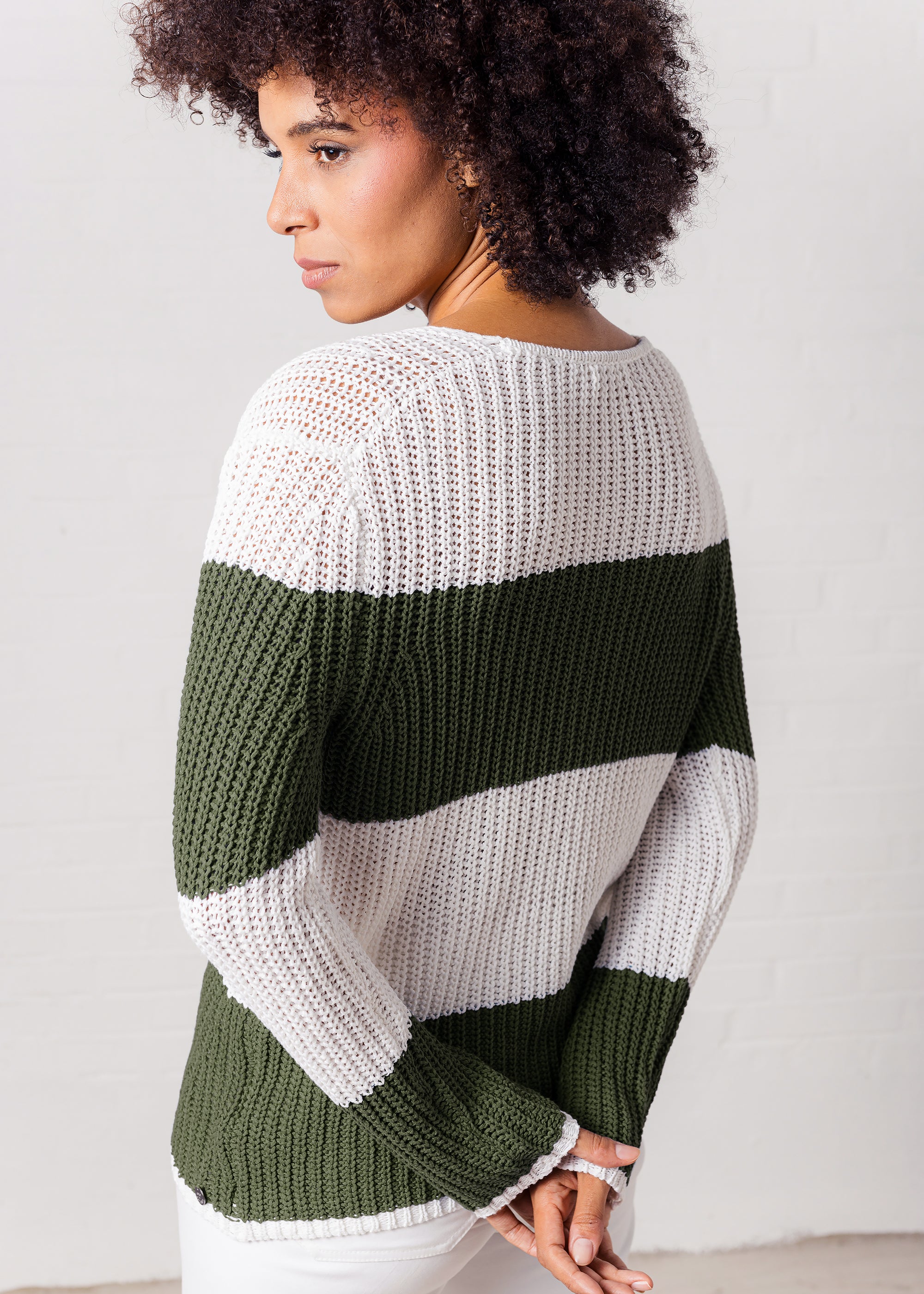 Blockstreifen-Pullover aus Baumwolle- Leinen- Mix