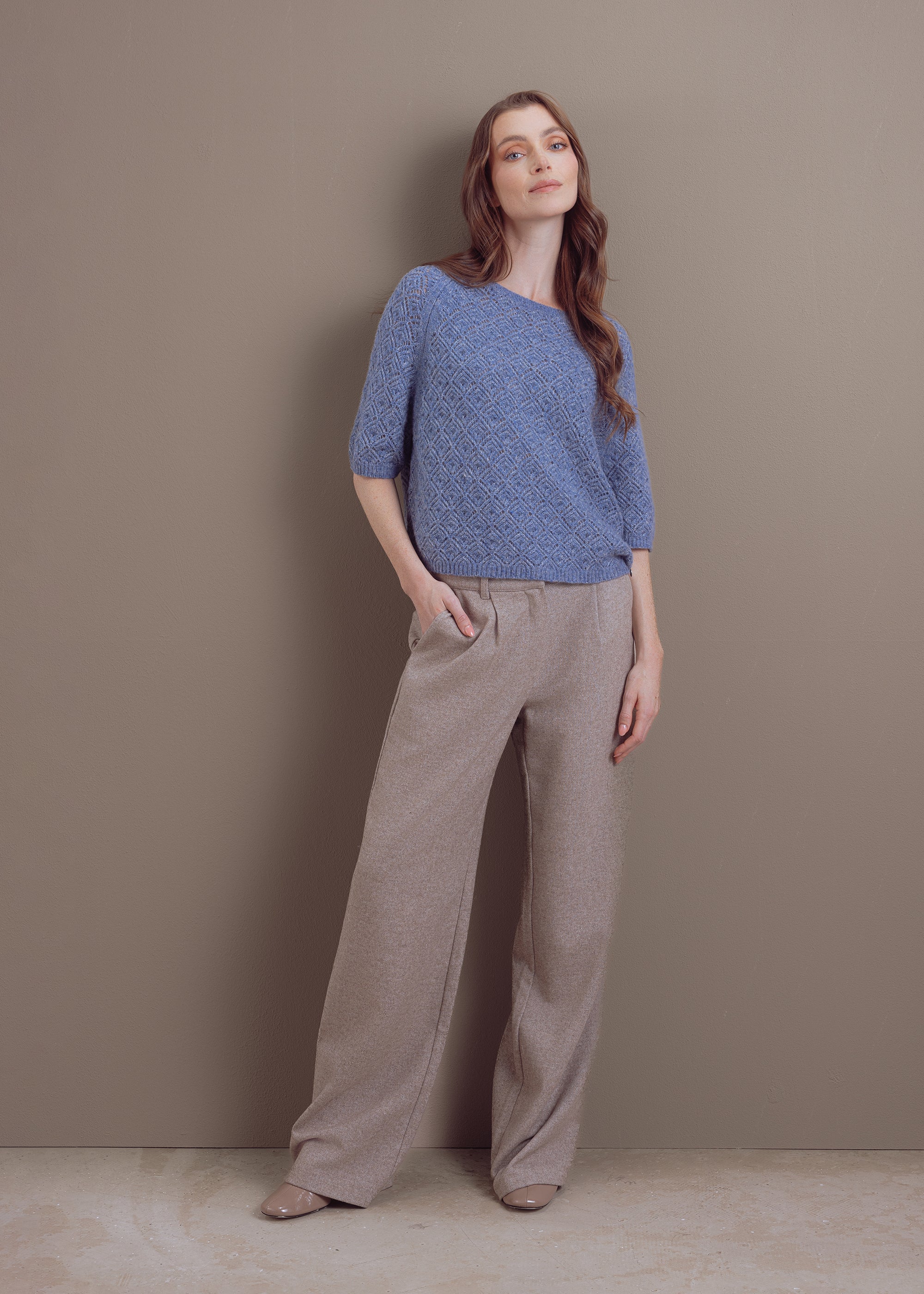 Kurzärmeliger Pullover aus Wolle-Baumwolle-Mix