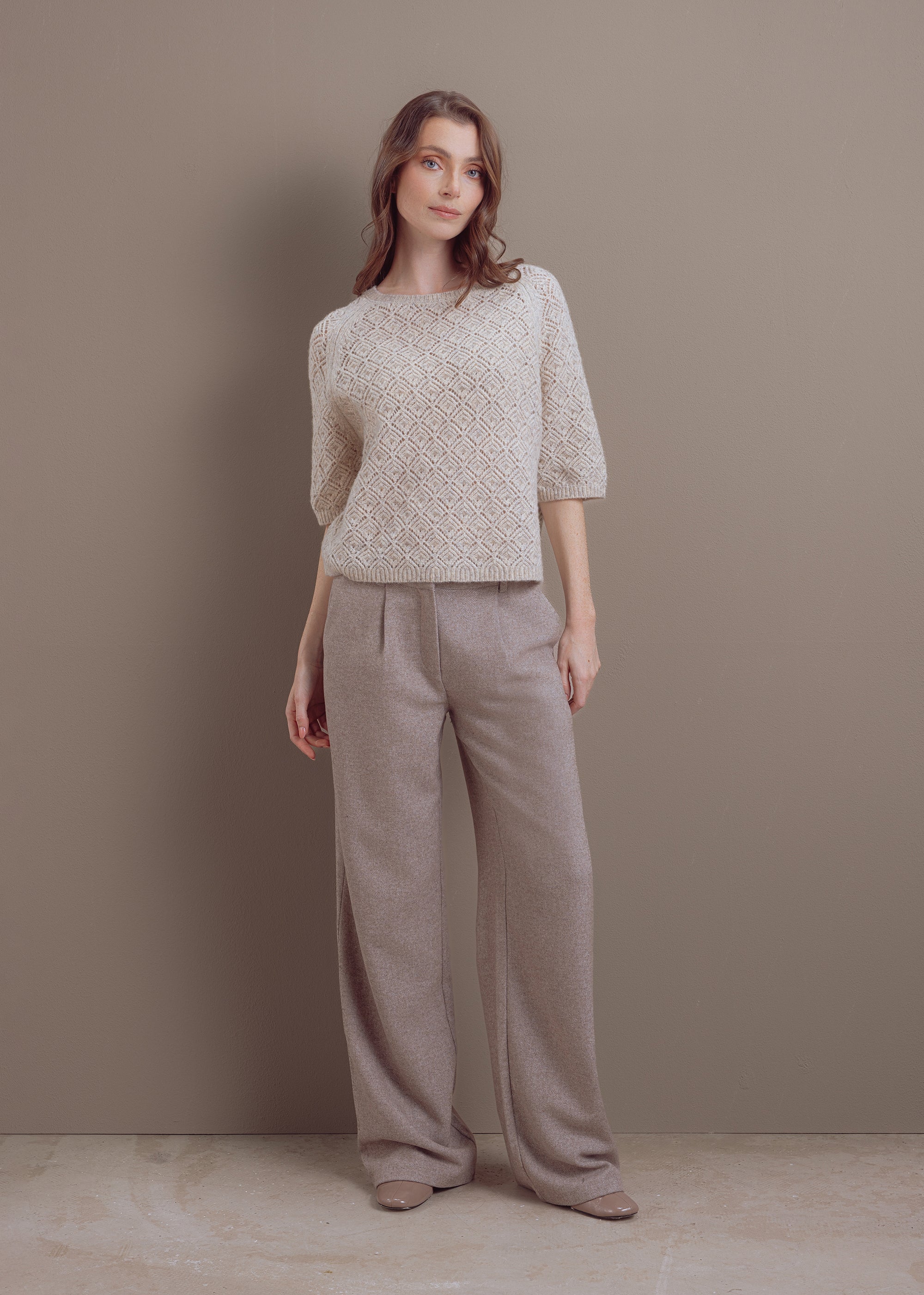 Kurzärmeliger Pullover aus Wolle-Baumwolle-Mix