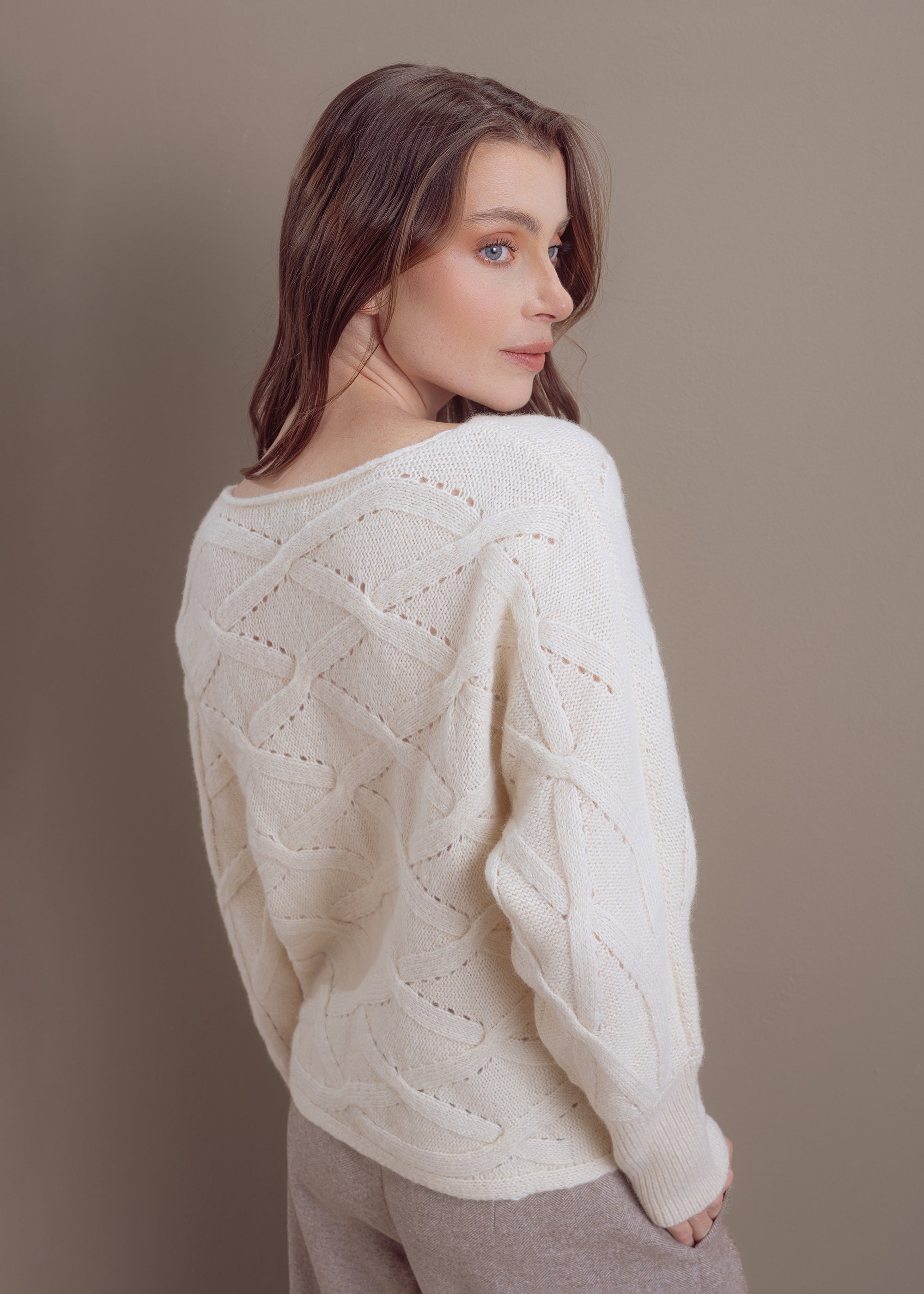 Ajour sweater with knitted pattern made of wool-cotton mix