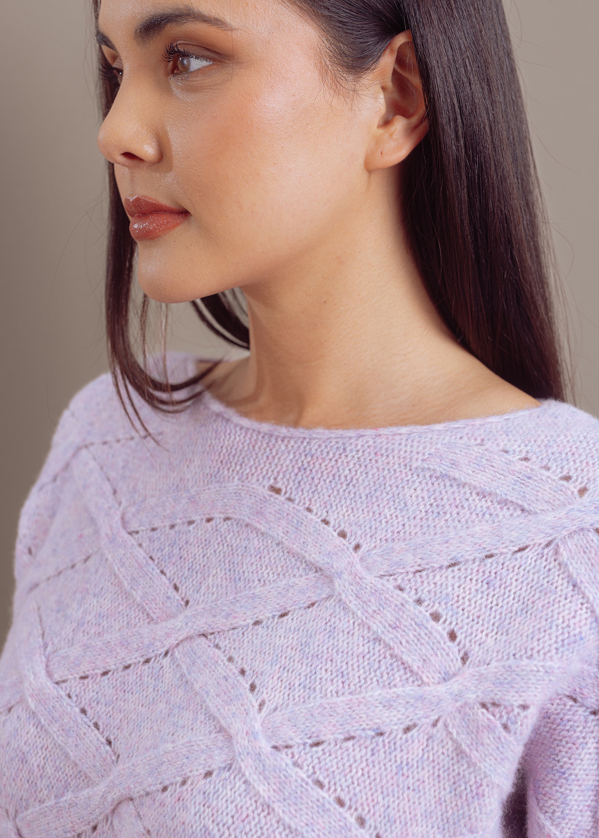 Ajour sweater with knitted pattern made of wool-cotton mix