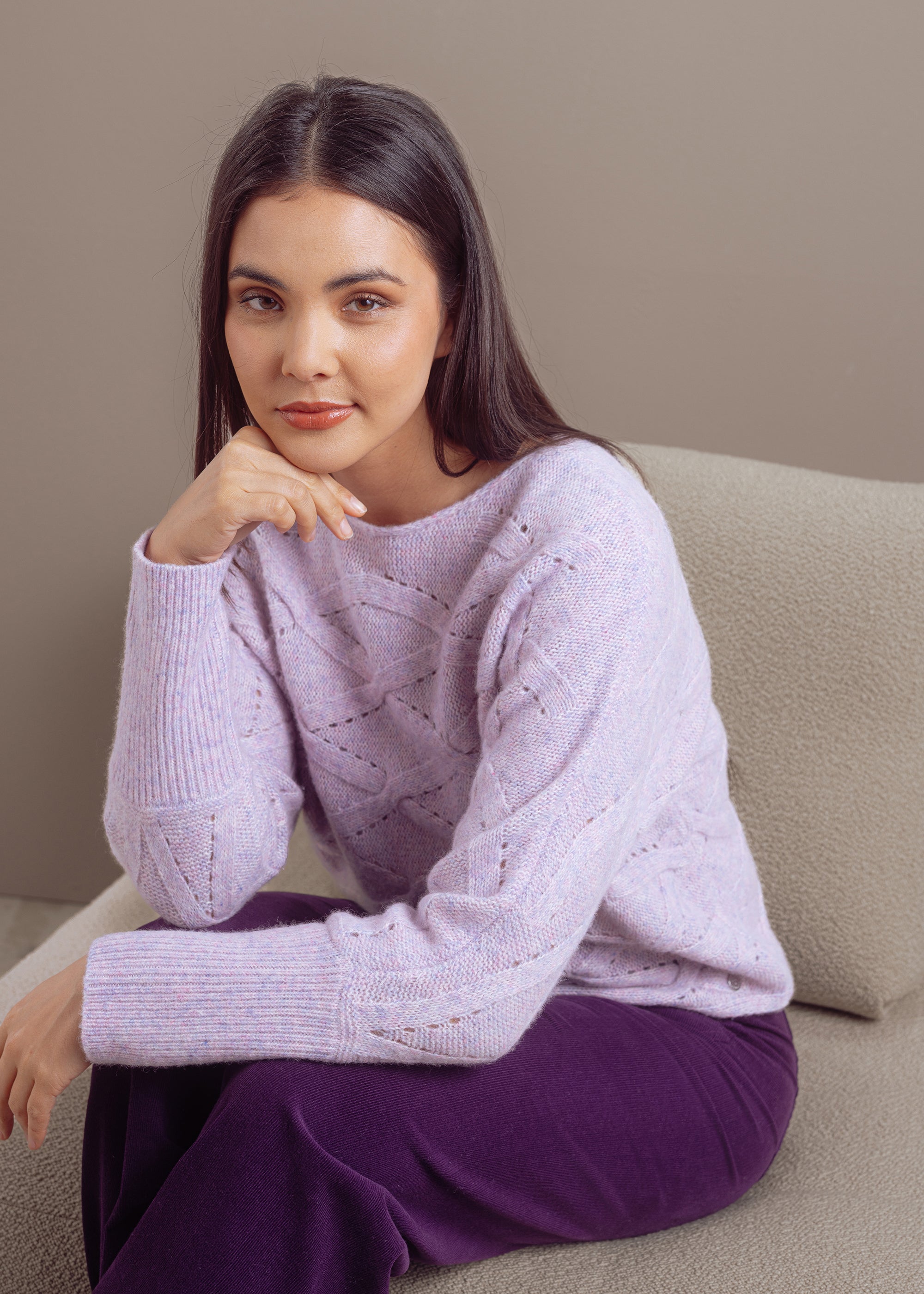 Ajour sweater with knitted pattern made of wool-cotton mix