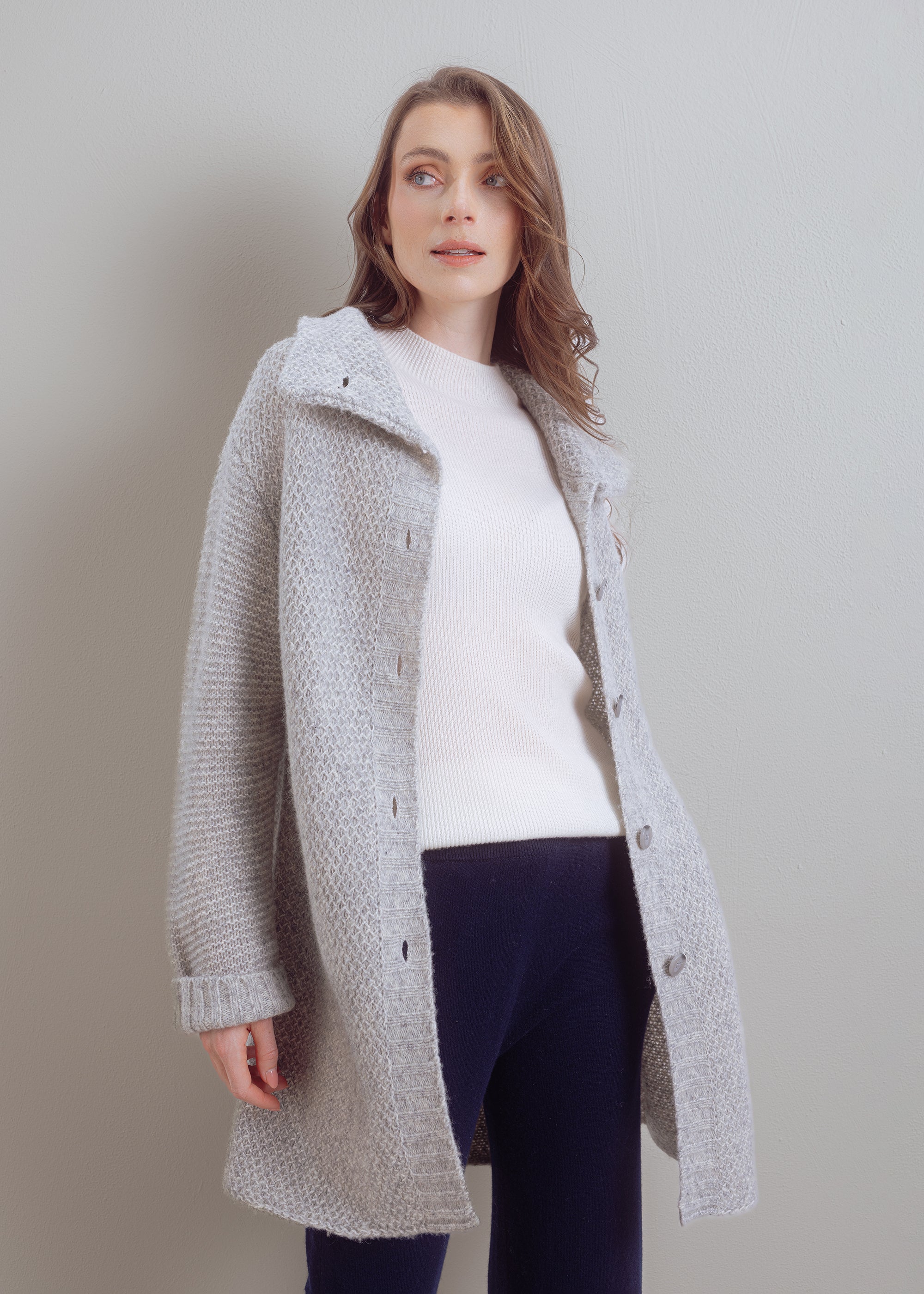 Knitted coat in structured knit made of wool-cotton mix