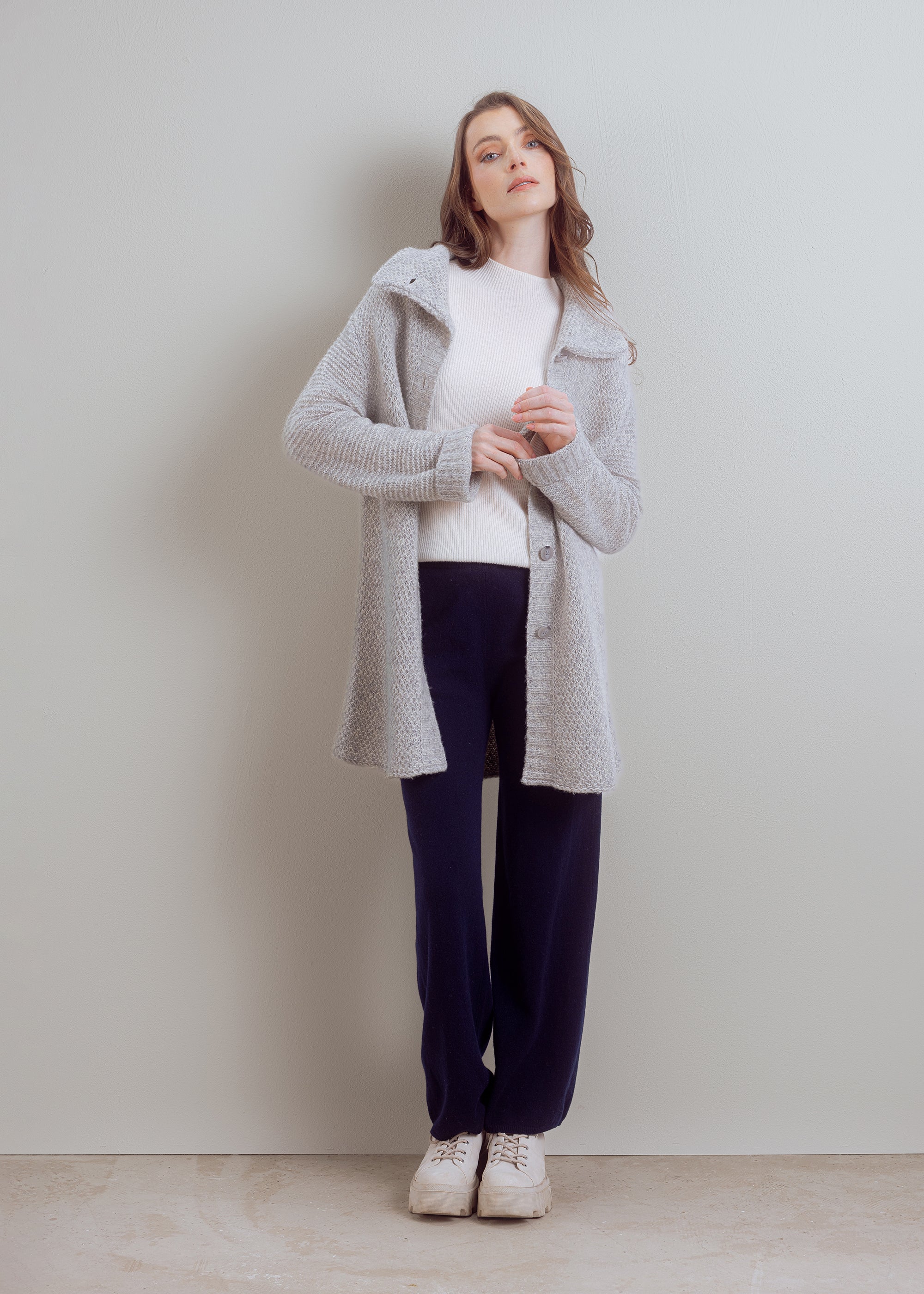 Knitted coat in structured knit made of wool-cotton mix