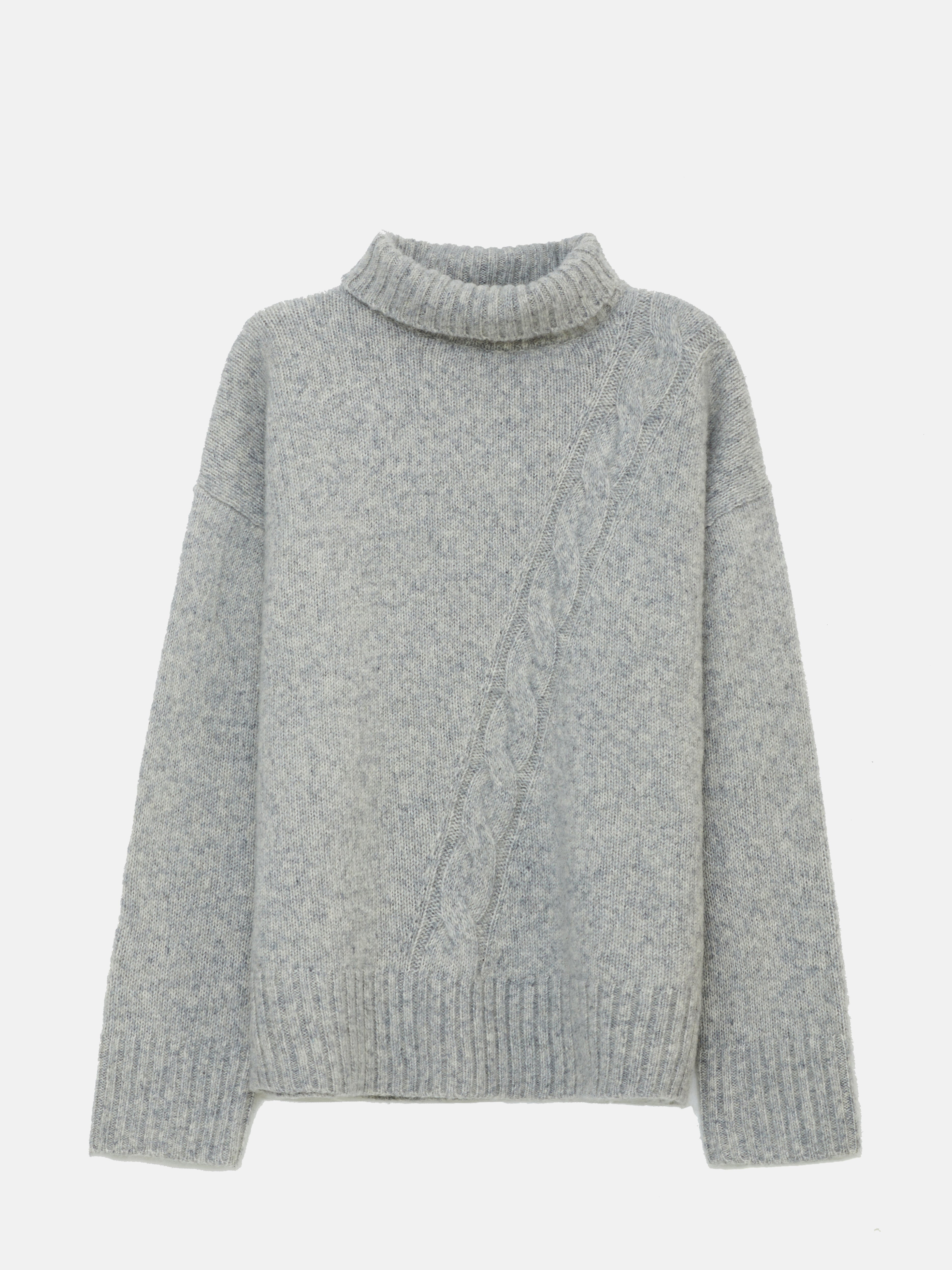 Zopfmuster-Pullover mit Rollkragen aus Wolle-Baumwoll-Mix