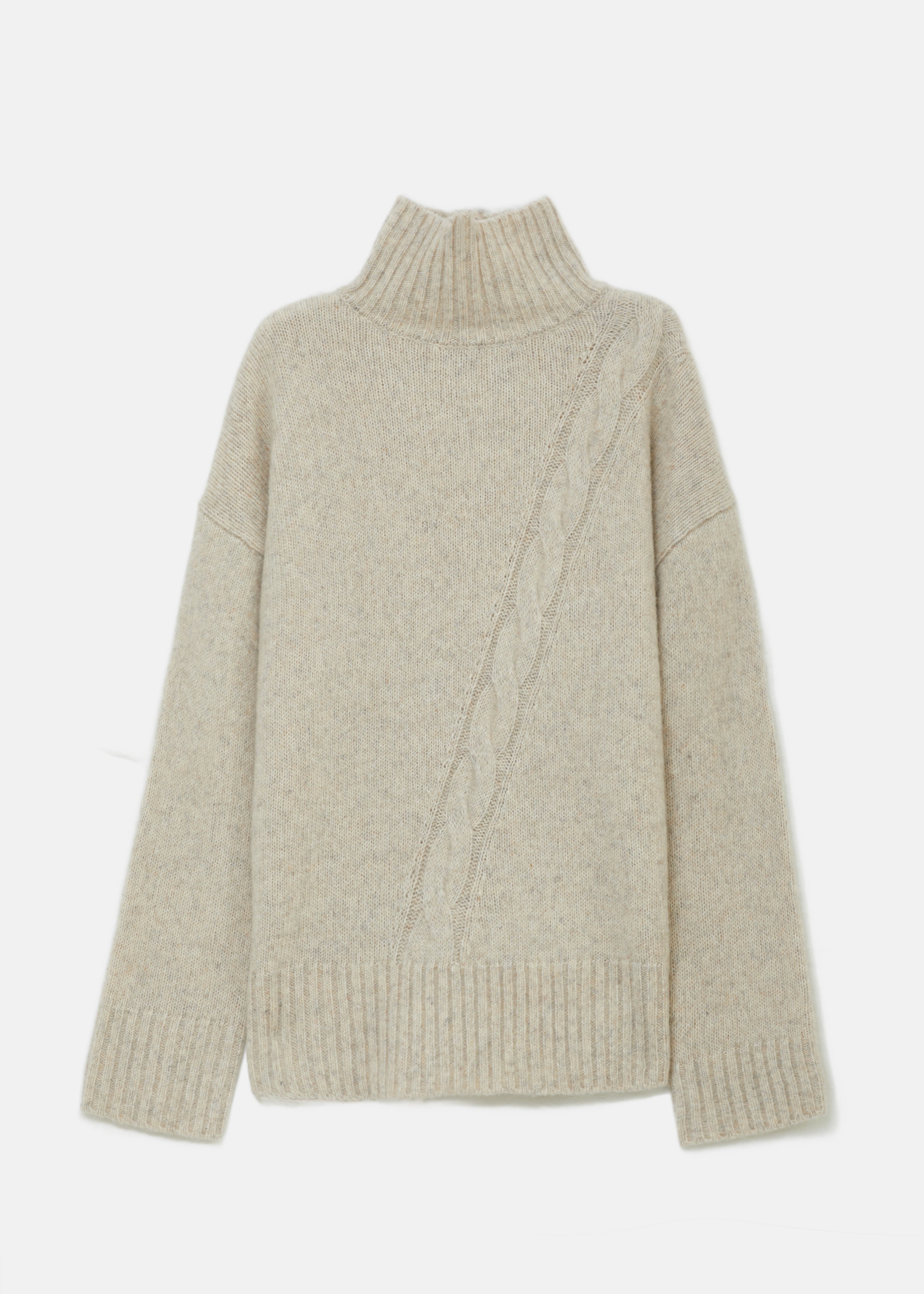 Zopfmuster-Pullover mit Rollkragen aus Wolle-Baumwoll-Mix