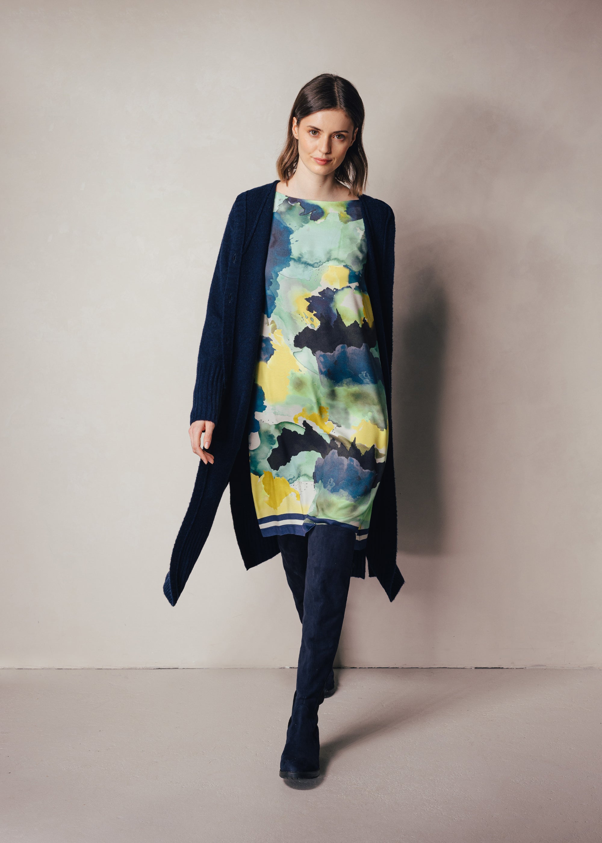 Long knitted coat with hood made of wool mix