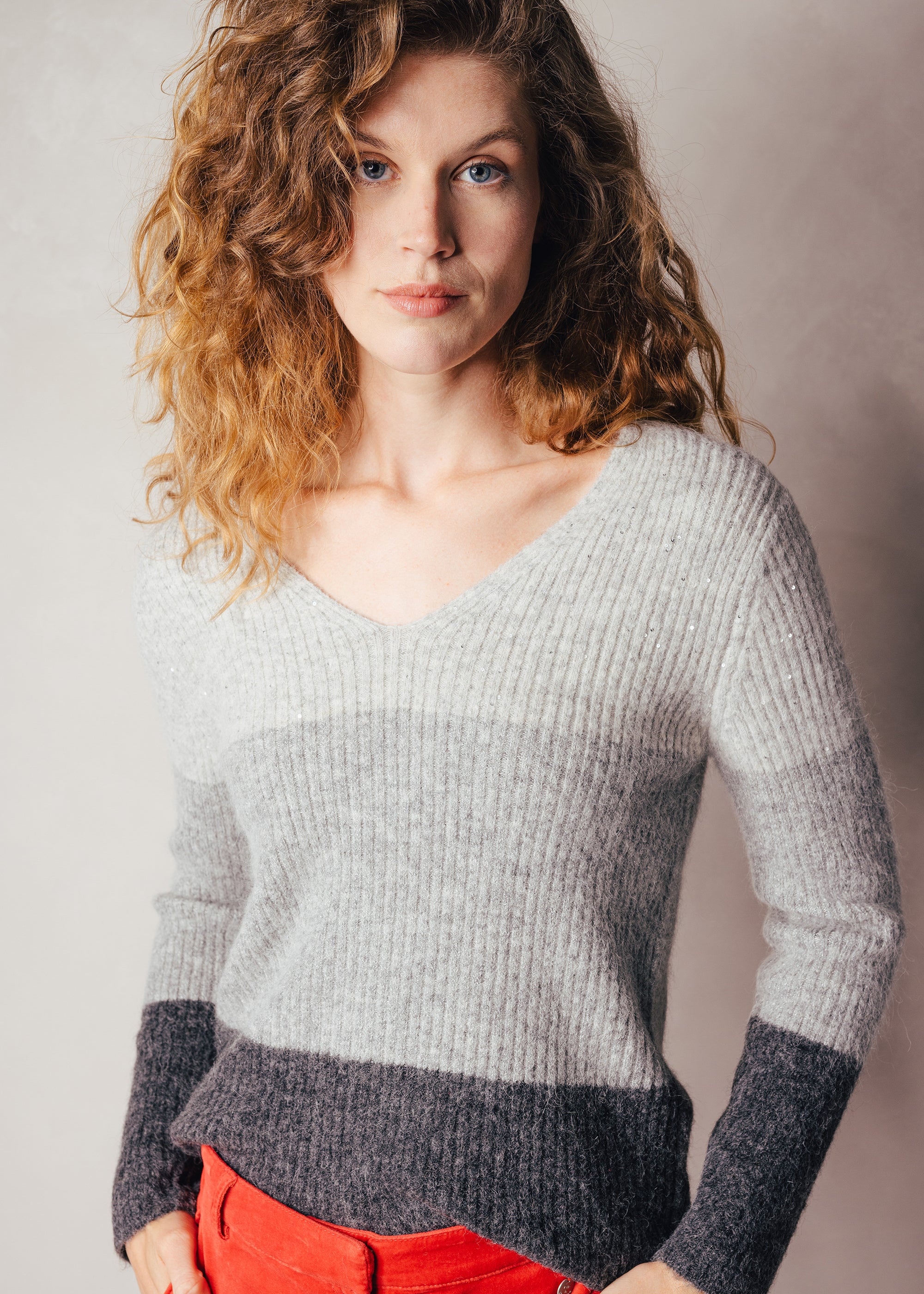 Blockstreifen-Pullover mit Pailettengarn und Lurex aus Alpaka-Mix