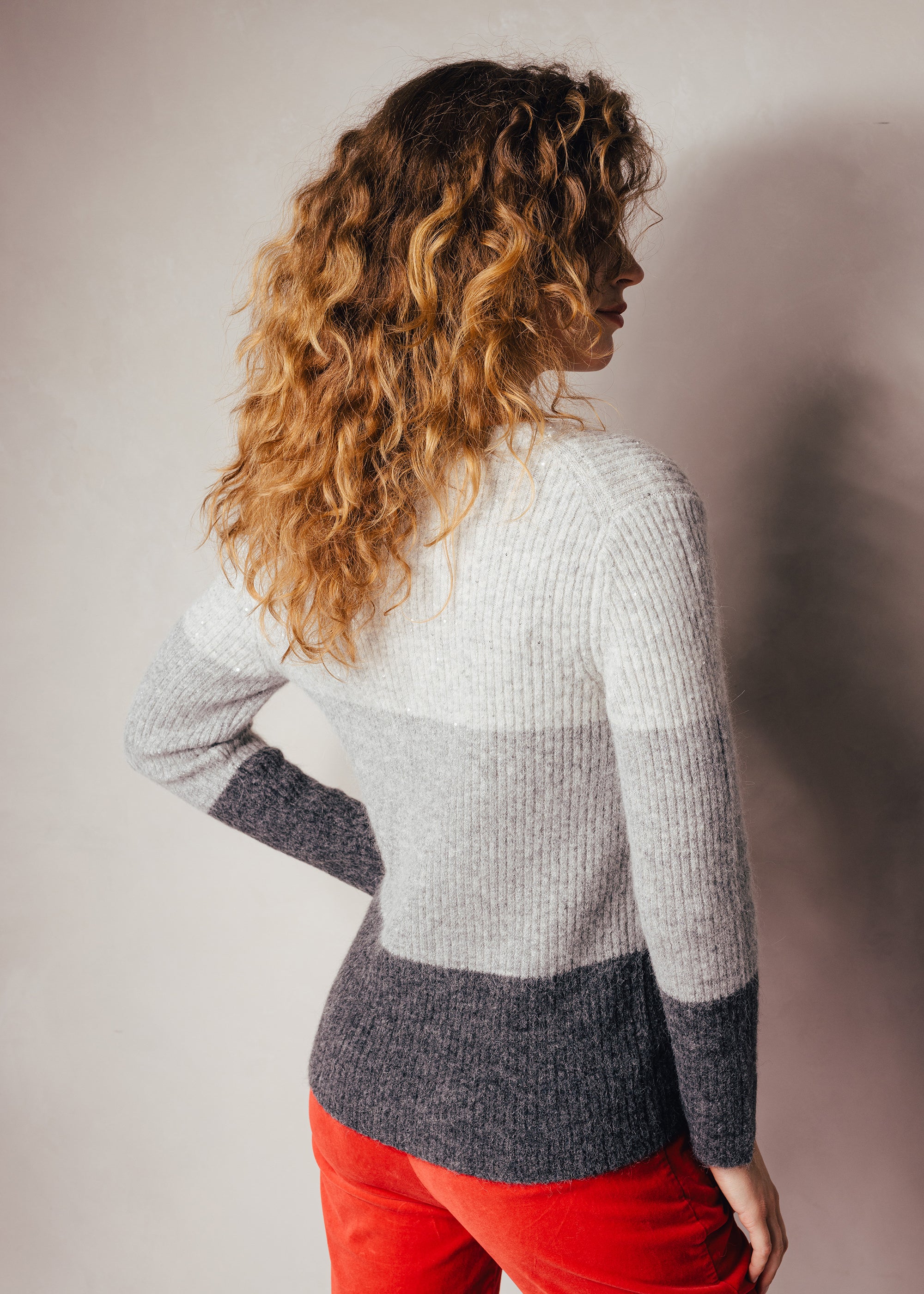 Blockstreifen-Pullover mit Pailettengarn aus Alpaka-Mix