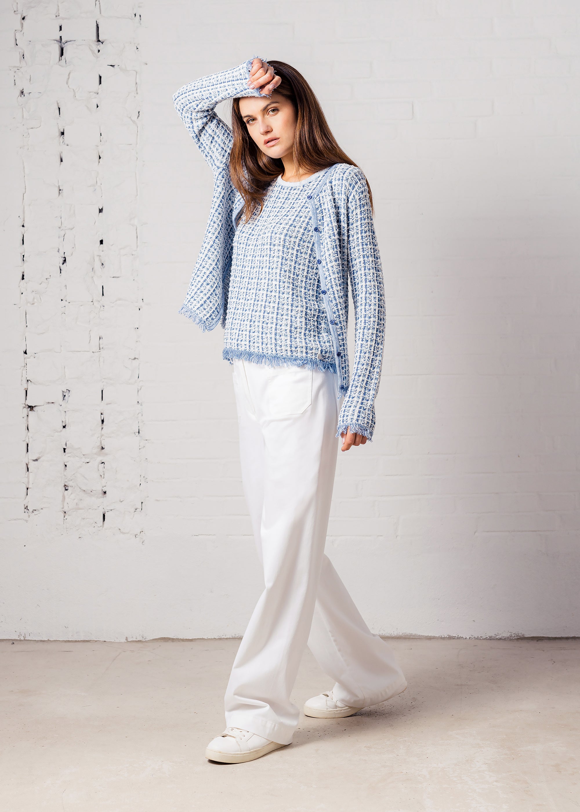 Bouclé-Strickjacke aus Baumwolle- Kaschmir- Mix