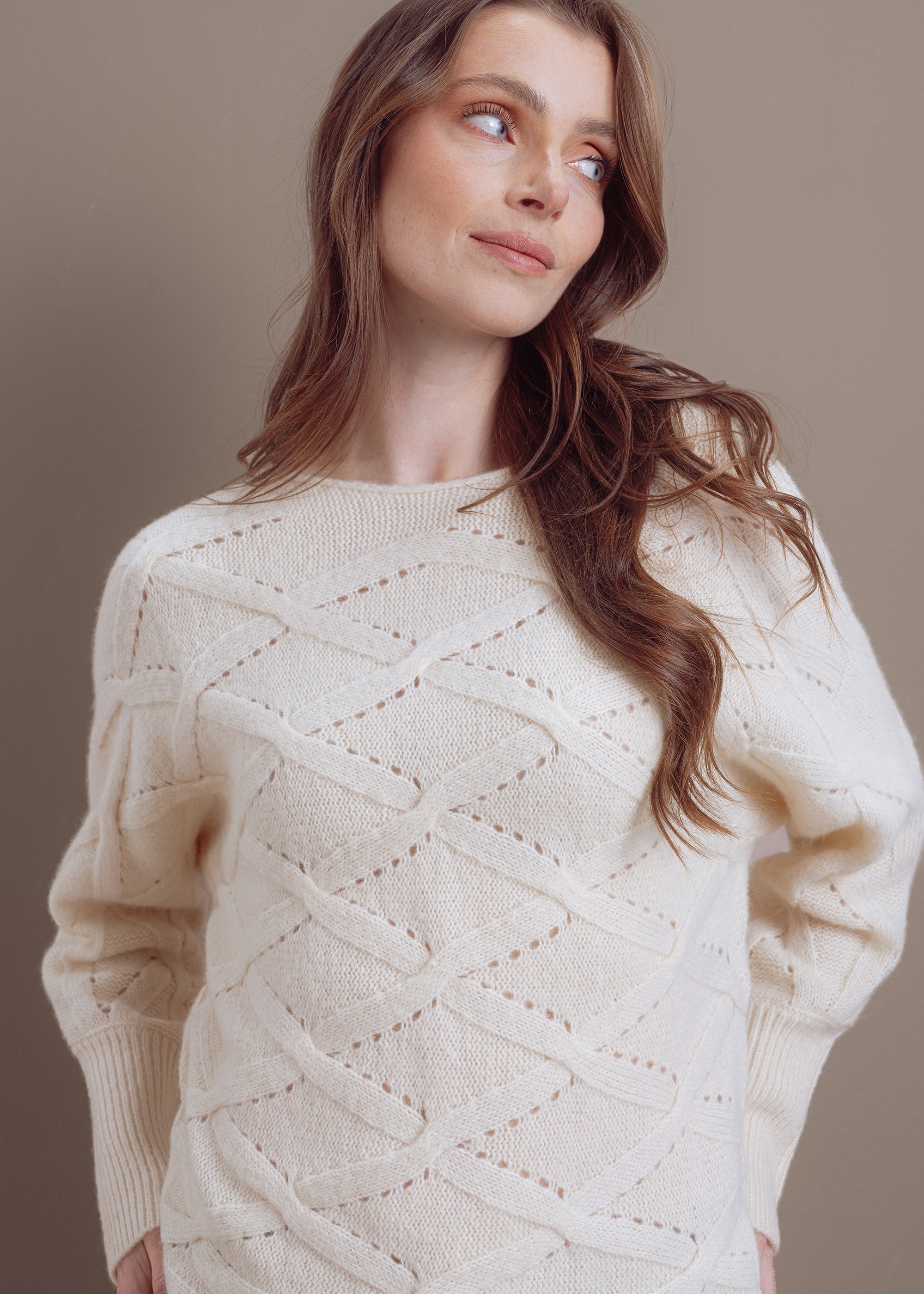 Ajour sweater with knitted pattern made of wool-cotton mix