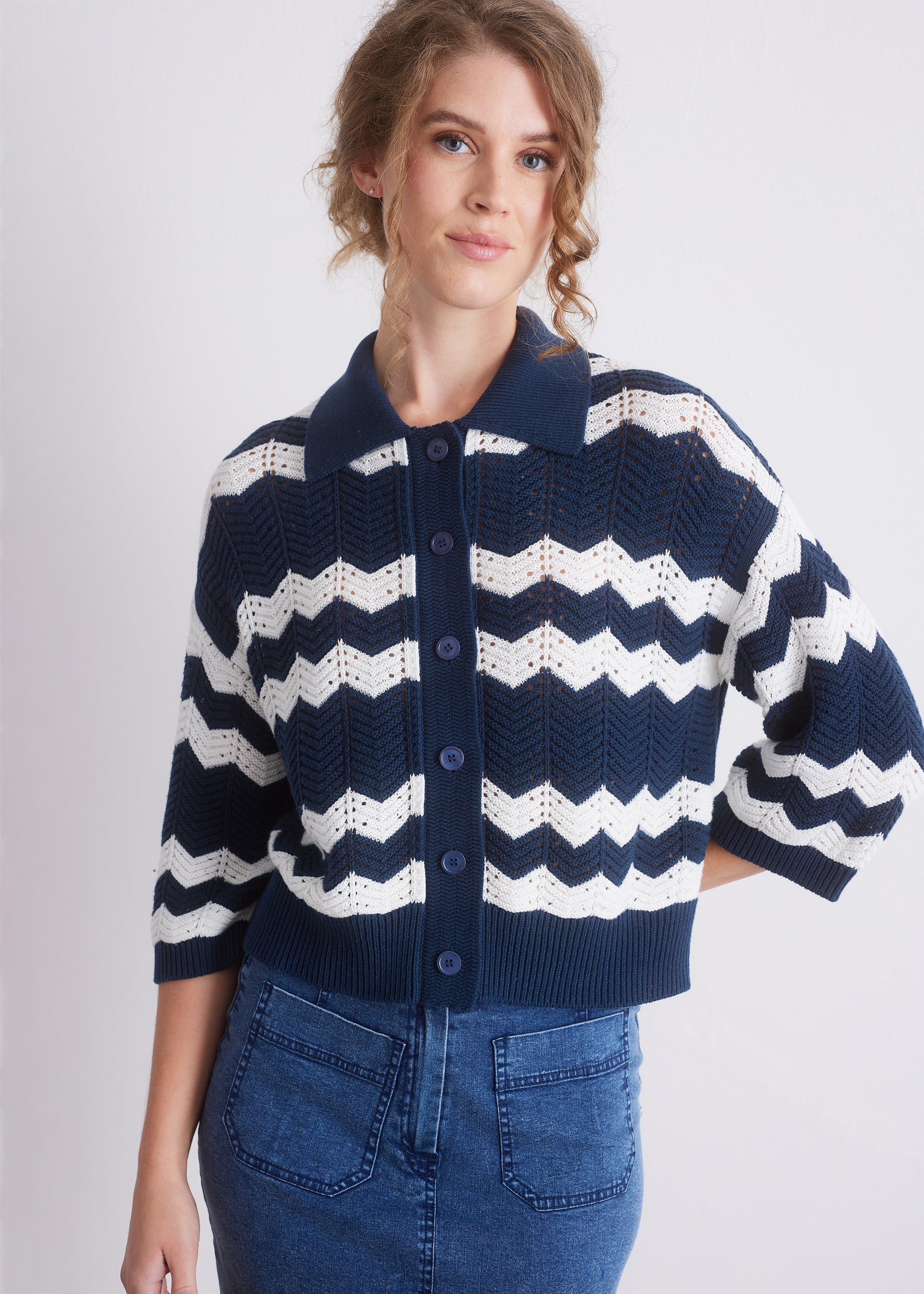 Strickcardigan mit Kragen und Zickzackmuster