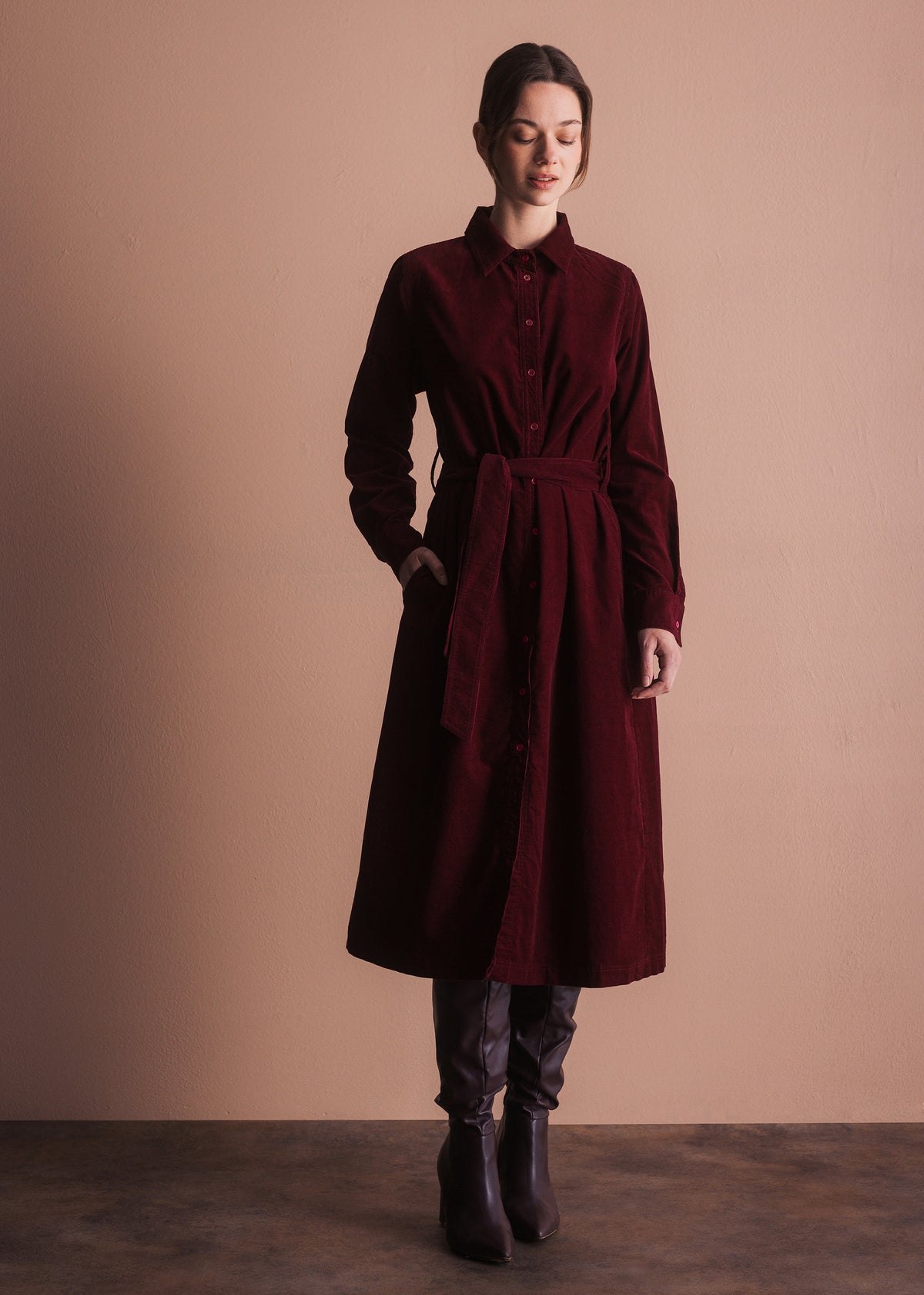 Corduroy Shirt Dress with Tie Belt