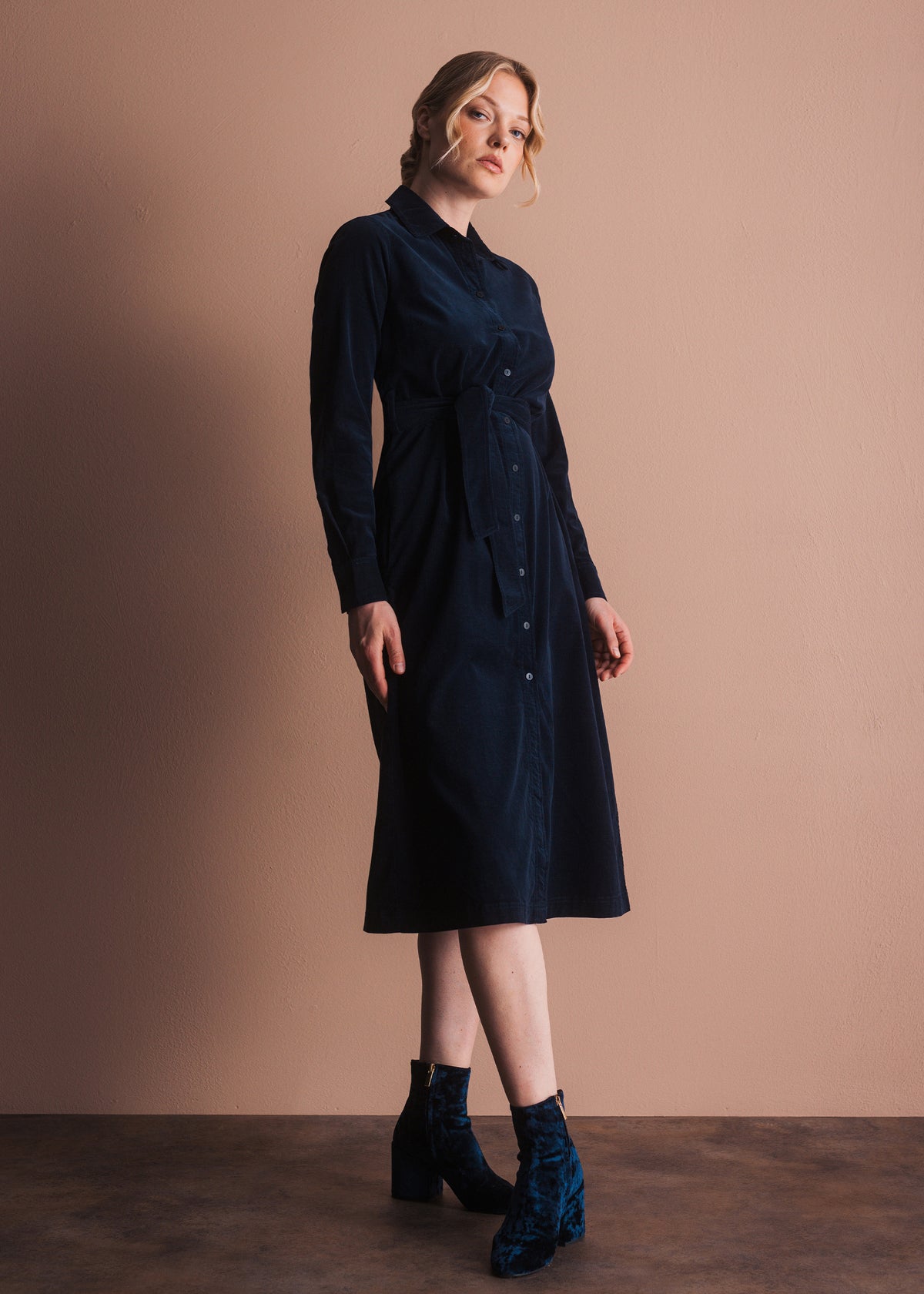 Corduroy Shirt Dress with Tie Belt