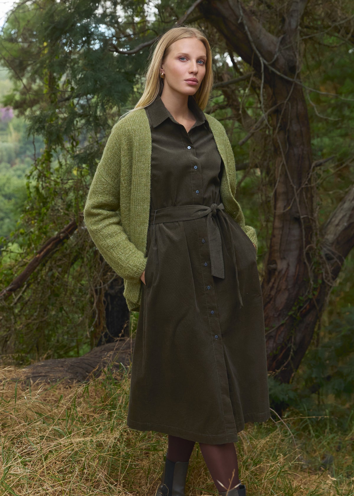 Corduroy Shirt Dress with Tie Belt