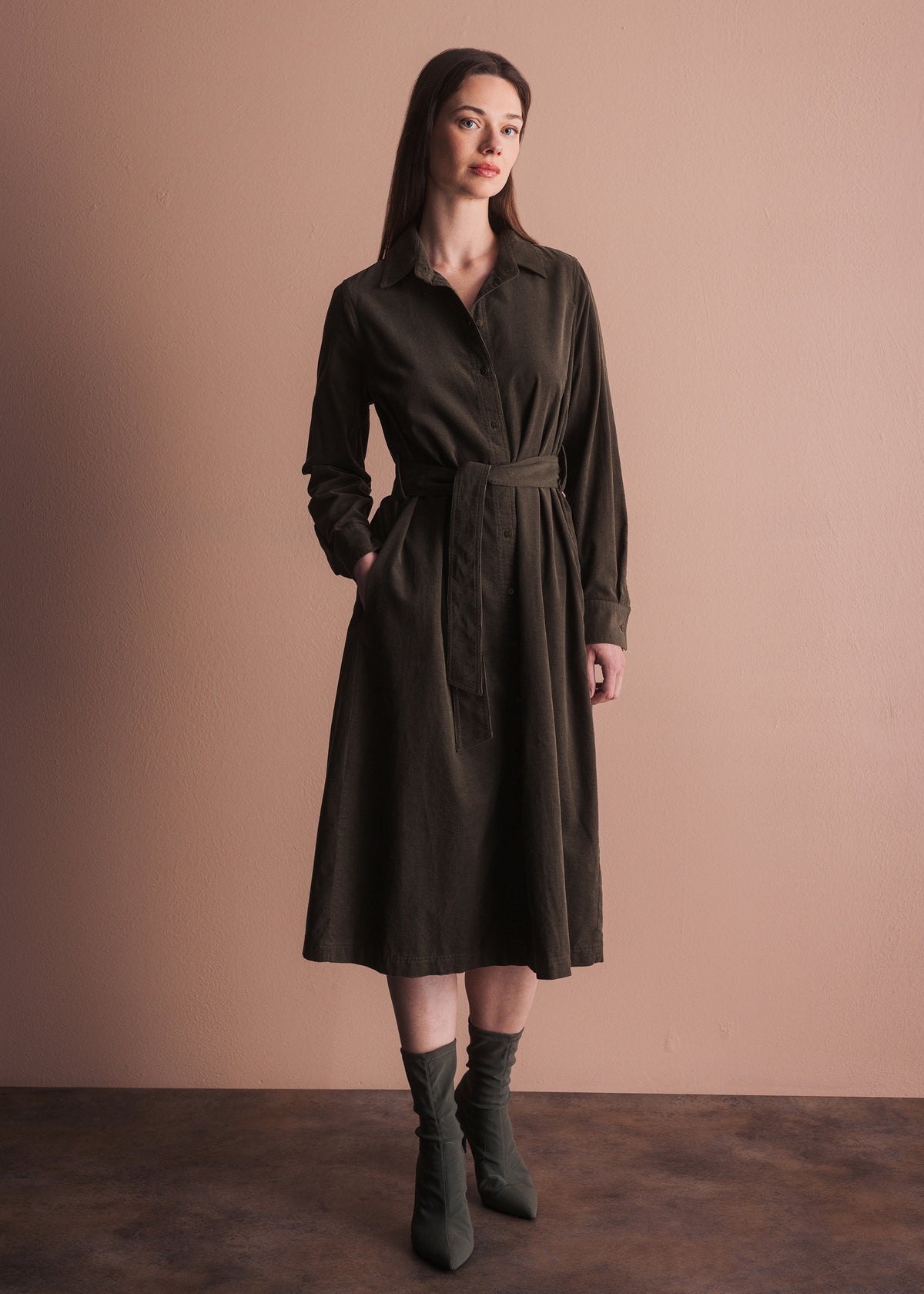 Corduroy Shirt Dress with Tie Belt