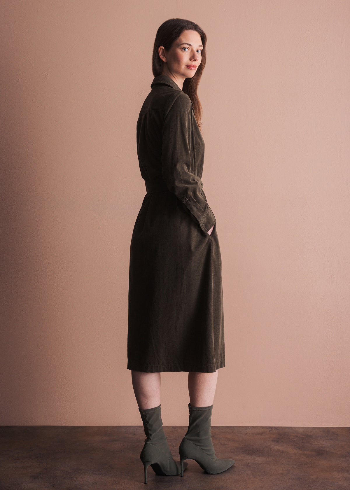 Corduroy Shirt Dress with Tie Belt