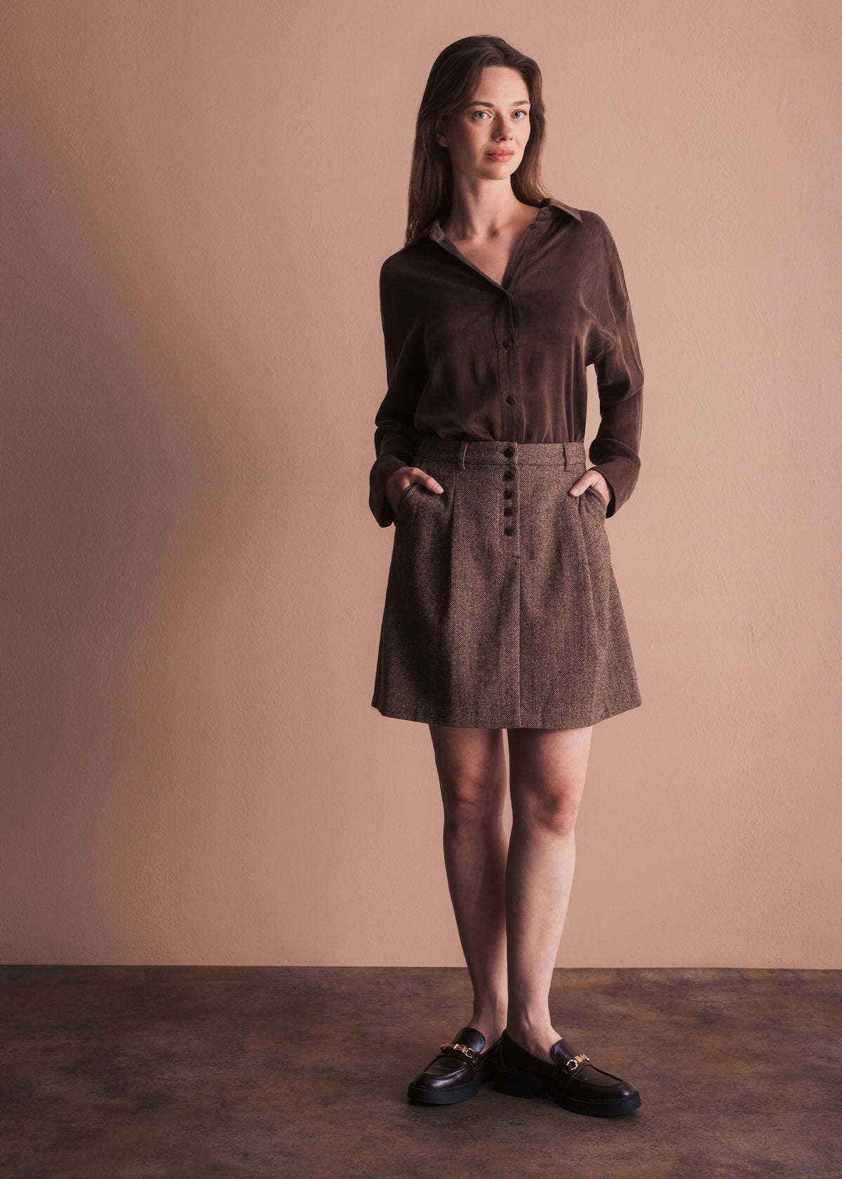 A-Linien-Minirock aus Donegal Tweed in Braun meliert