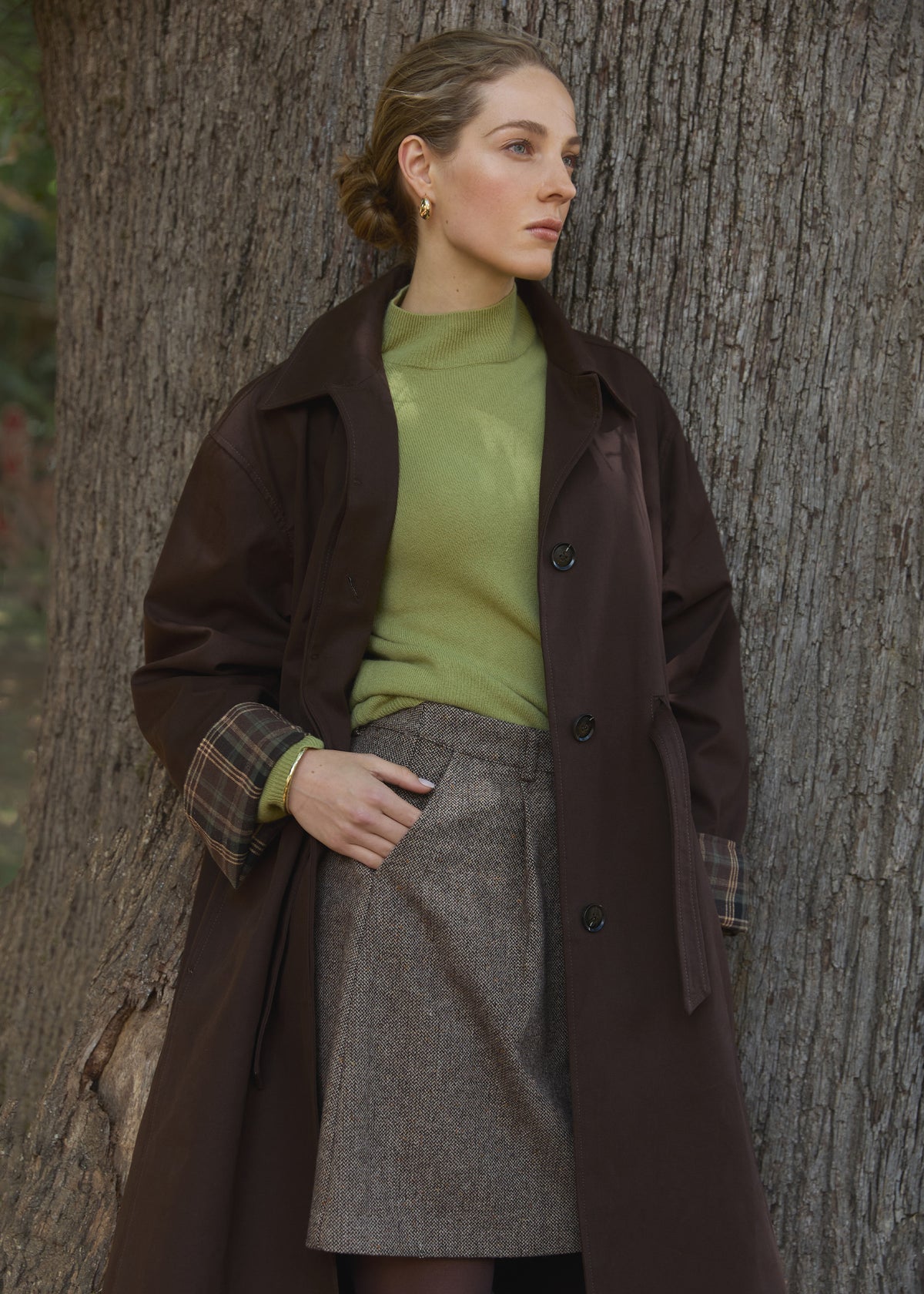 Trench Coat with Drawstring Waist in Dark Brown
