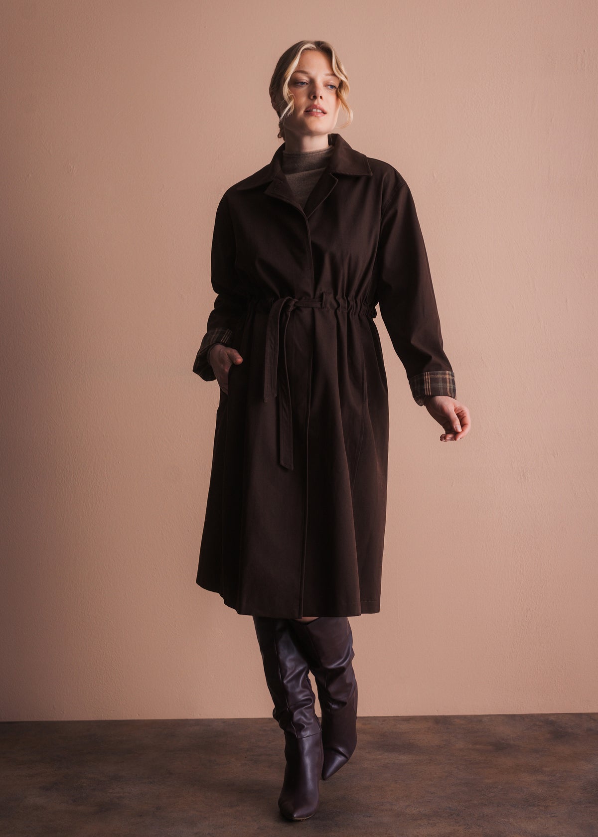 Trench Coat with Drawstring Waist in Dark Brown