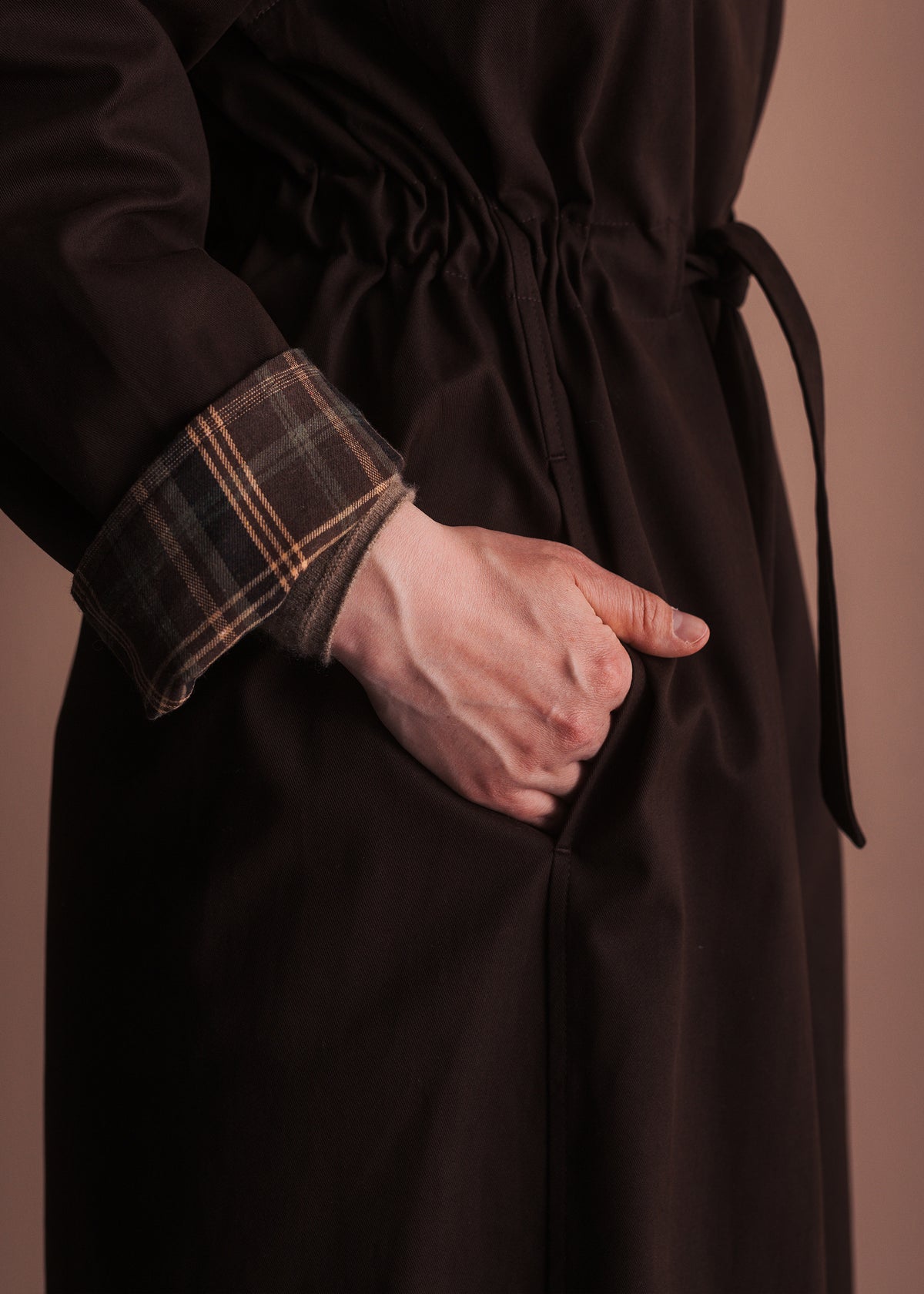 Trench Coat with Drawstring Waist in Dark Brown