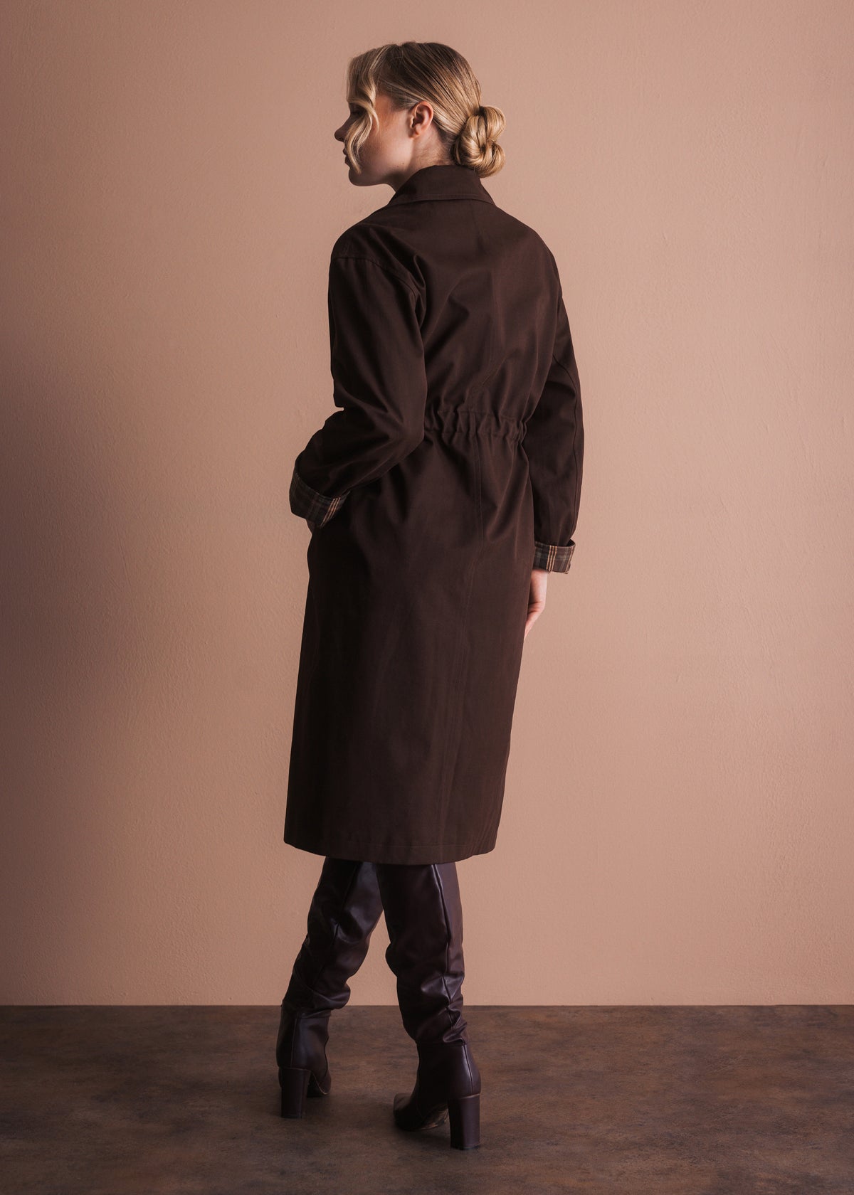 Trench Coat with Drawstring Waist in Dark Brown