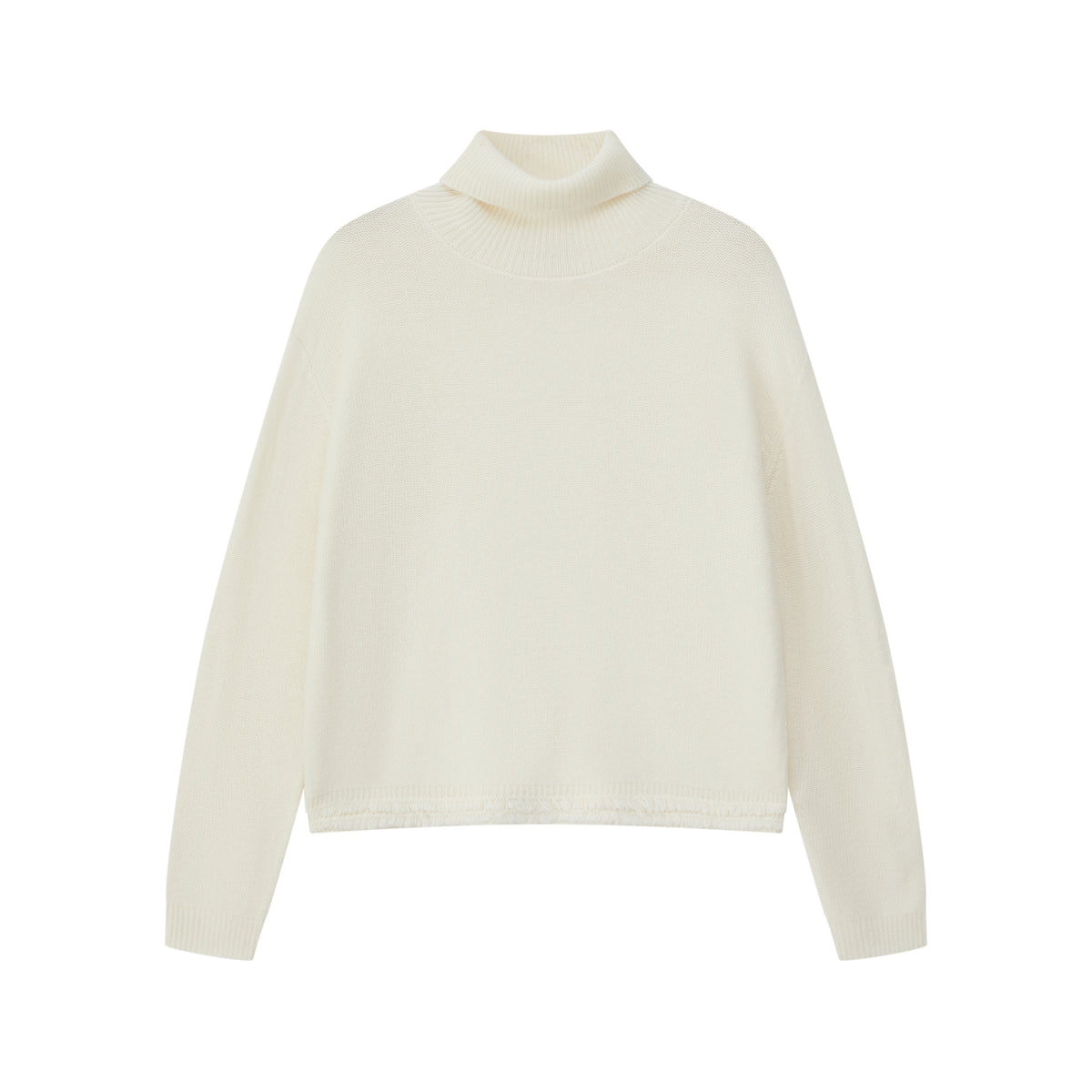 Rollkragenpullover mit Fransensaum