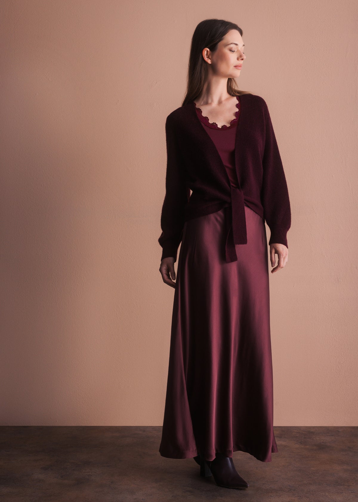 Wrap Cardigan with Tie in Burgundy